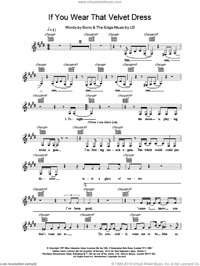 If You Wear That Velvet Dress sheet music for voice and other instruments (fake book) by U2, intermediate skill level