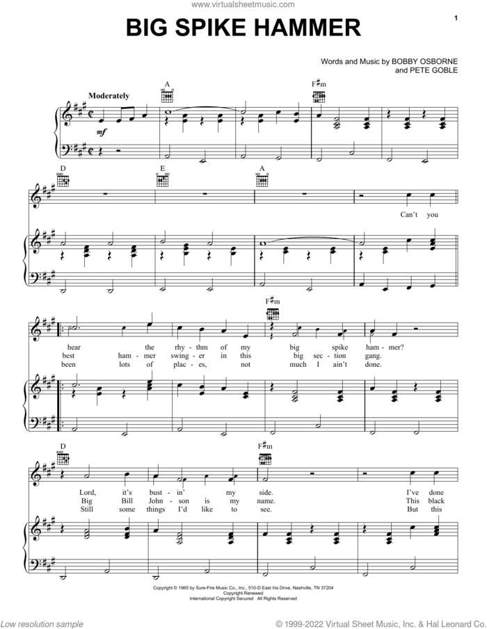 Big Spike Hammer sheet music for voice, piano or guitar by Pete Goble and Bobby Osborne, intermediate skill level
