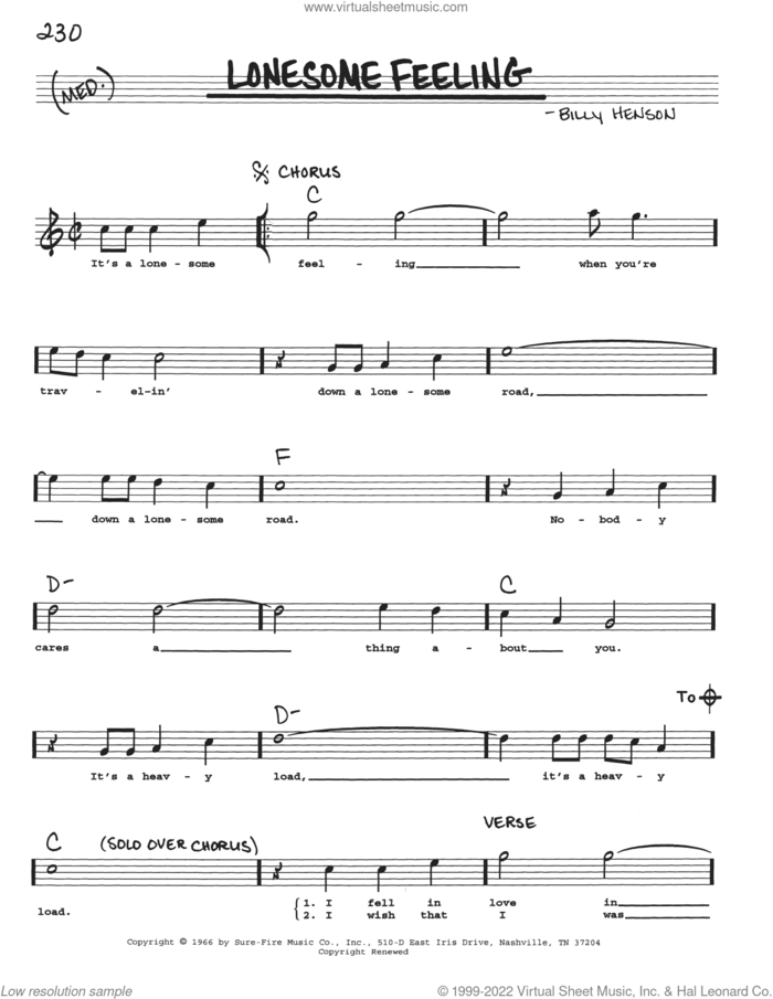 Lonesome Feeling sheet music for voice and other instruments (real book with lyrics) by Billy Henson, intermediate skill level