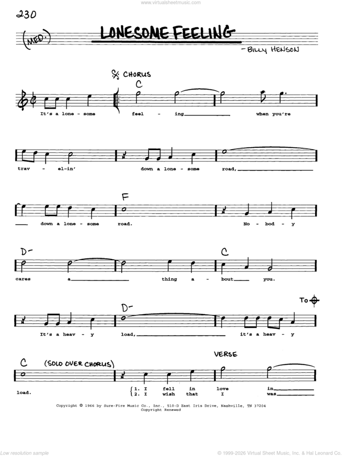 Lonesome Feeling sheet music for voice and other instruments (real book with lyrics) by Billy Henson, intermediate skill level