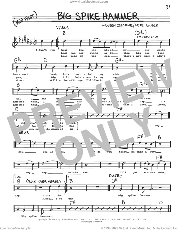 Big Spike Hammer sheet music for voice and other instruments (real book with lyrics) by Pete Goble and Bobby Osborne, intermediate skill level