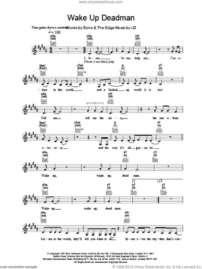 Wake Up Deadman sheet music for voice and other instruments (fake book) by U2, intermediate skill level
