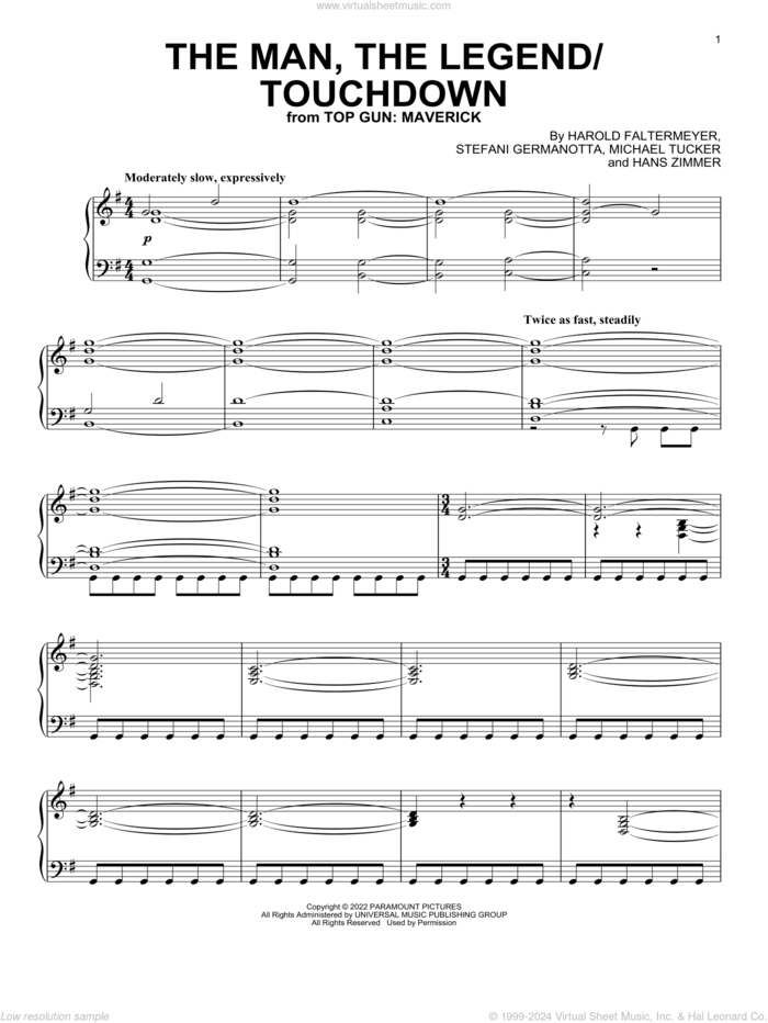 The Man, The Legend / Touchdown (from Top Gun: Maverick) sheet music for piano solo by Hans Zimmer, Harold Faltermeyer, Lady Gaga & Lorne Balfe, Hans Zimmer, Harold Faltermeyer, Lady Gaga and Michael Tucker, intermediate skill level