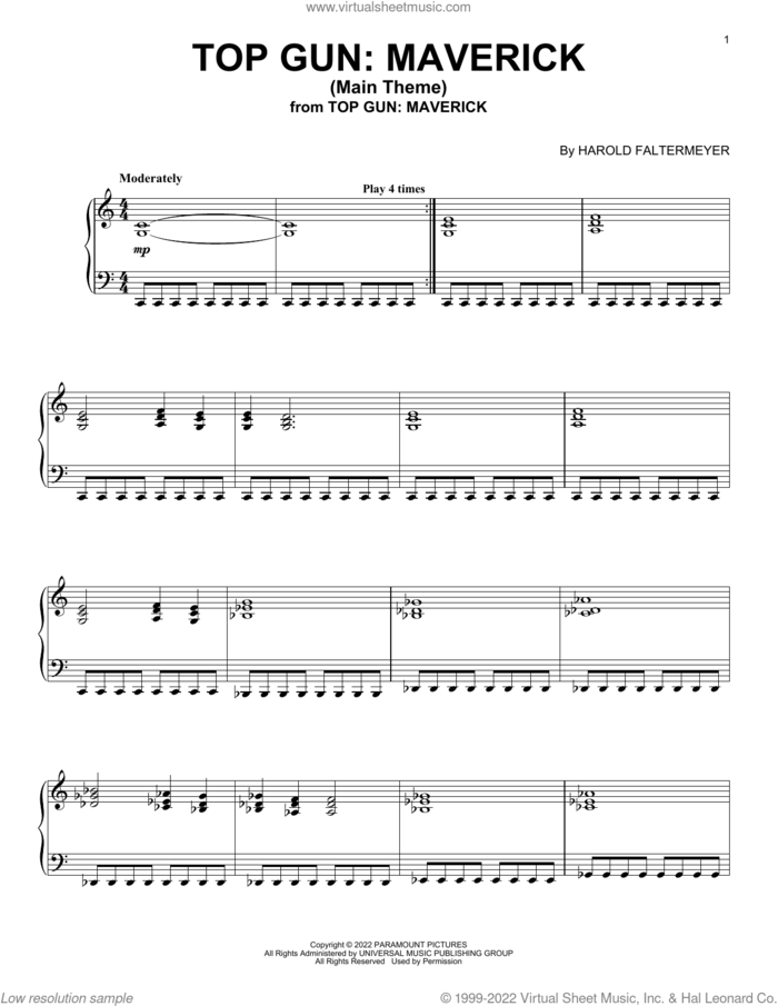 Top Gun: Maverick (Main Theme) sheet music for piano solo by Hans Zimmer and Harold Faltermeyer, Lady Gaga & Lorne Balfe and Harold Faltermeyer, intermediate skill level