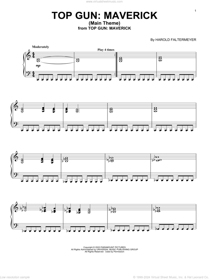 Top Gun: Maverick (Main Theme) sheet music for piano solo by Hans Zimmer and Harold Faltermeyer, Lady Gaga & Lorne Balfe and Harold Faltermeyer, intermediate skill level