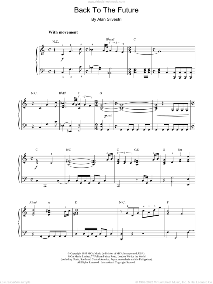Back To The Future sheet music for piano solo by Alan Silvestri, intermediate skill level