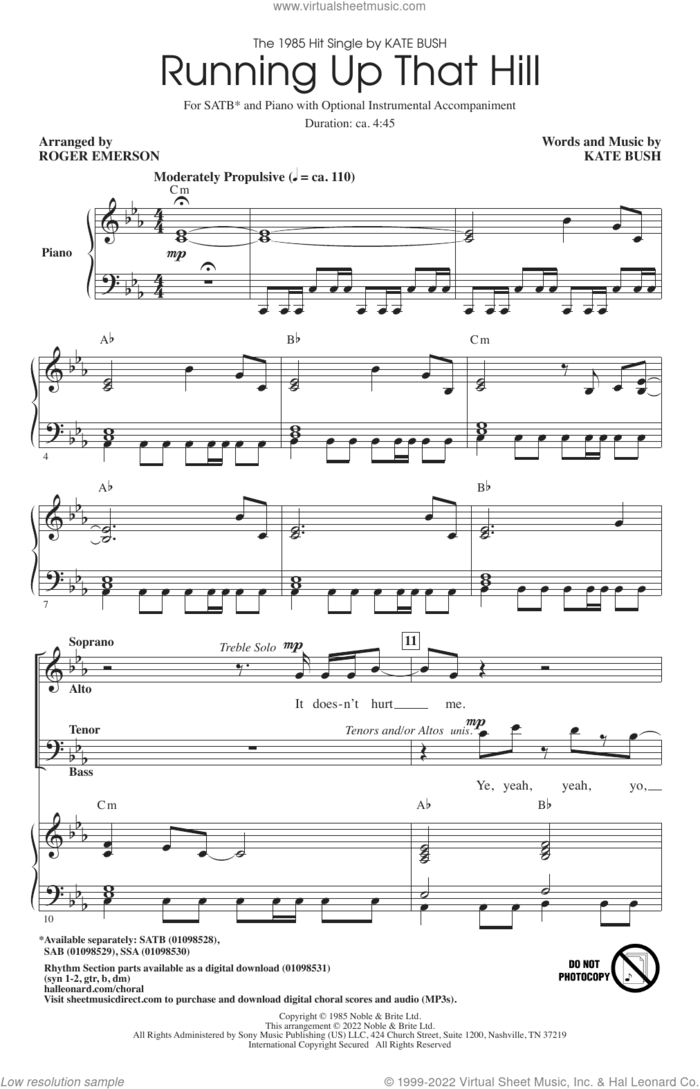 Running Up That Hill (arr. Roger Emerson) sheet music for choir (SATB: soprano, alto, tenor, bass) by Kate Bush and Roger Emerson, intermediate skill level