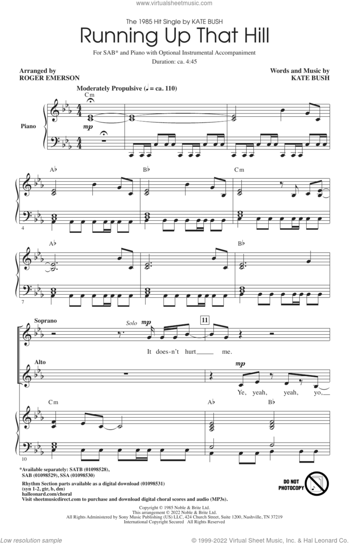 Running Up That Hill (arr. Roger Emerson) sheet music for choir (SAB: soprano, alto, bass) by Kate Bush and Roger Emerson, intermediate skill level