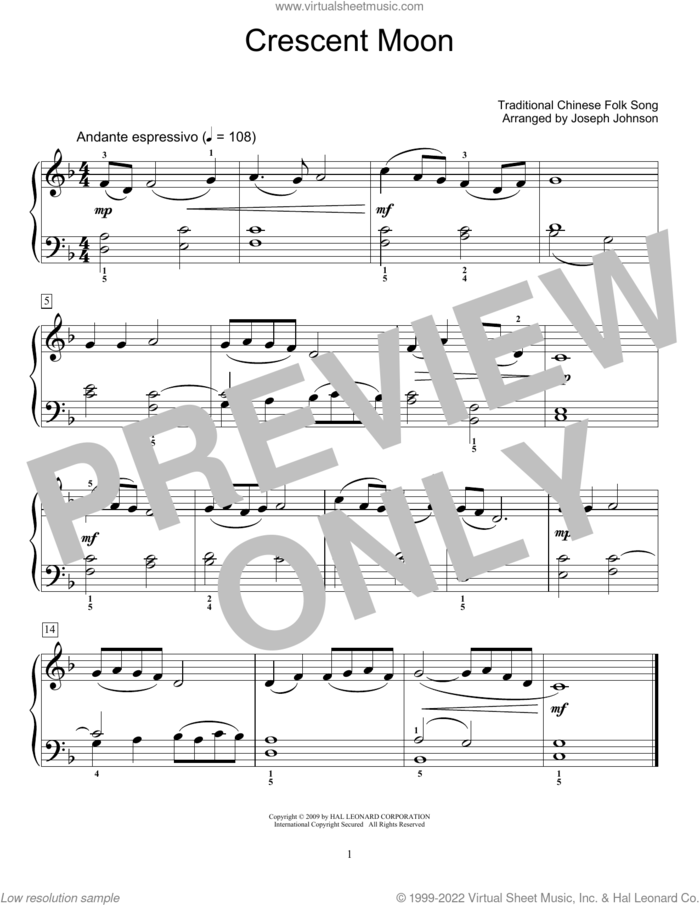 Crescent Moon (arr. Joseph Johnson) sheet music for piano solo (elementary) by Traditional Chinese Folk Song and Joseph Johnson, beginner piano (elementary)