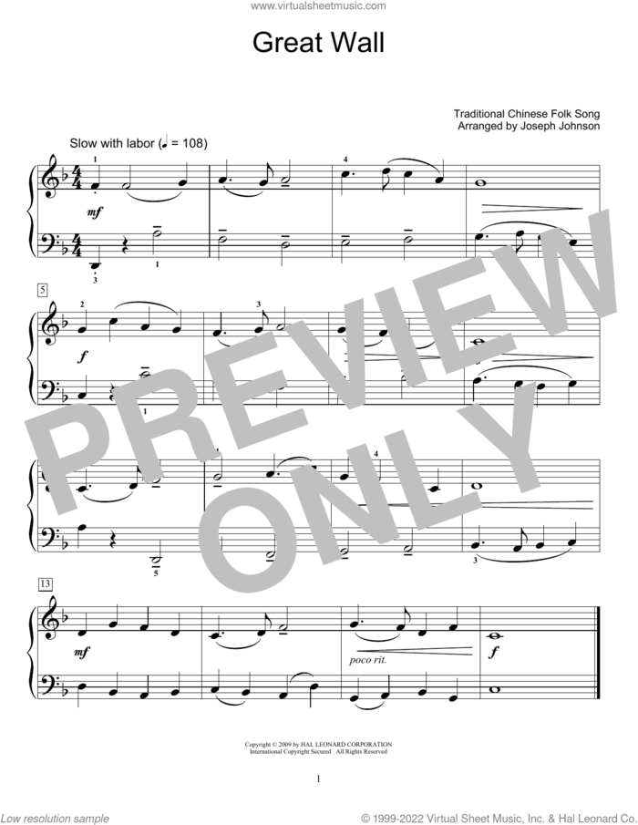 Great Wall (arr. Joseph Johnson) sheet music for piano solo (elementary) by Traditional Chinese Folk Song and Joseph Johnson, beginner piano (elementary)