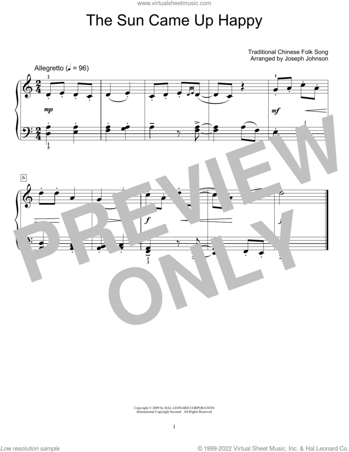The Sun Came Up Happy (arr. Joseph Johnson) sheet music for piano solo (elementary) by Traditional Chinese Folk Song and Joseph Johnson, beginner piano (elementary)