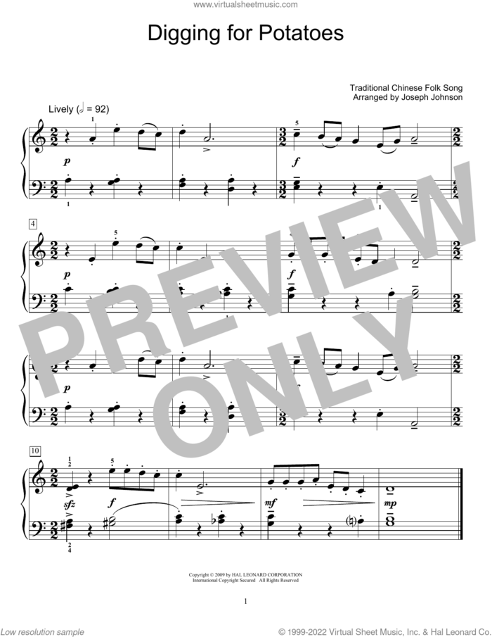 Digging For Potatoes (arr. Joseph Johnson) sheet music for piano solo (elementary) by Traditional Chinese Folk Song and Joseph Johnson, beginner piano (elementary)
