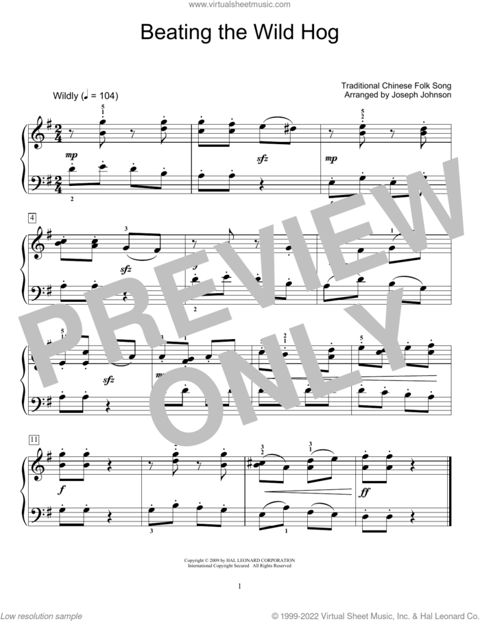 Beating The Wild Hog (arr. Joseph Johnson) sheet music for piano solo (elementary) by Traditional Chinese Folk Song and Joseph Johnson, beginner piano (elementary)