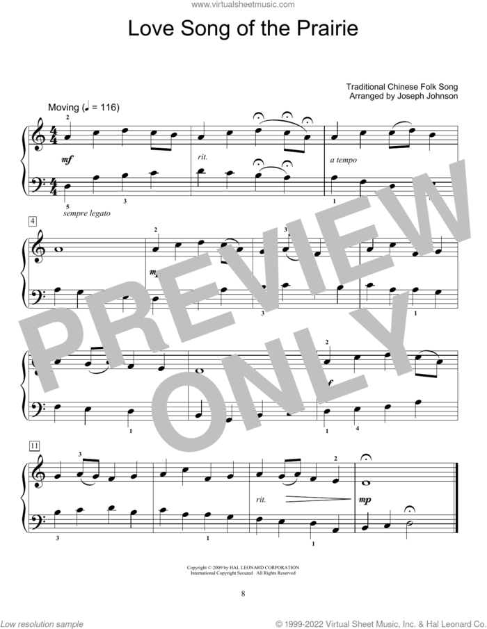 Love Song Of The Prairie (arr. Joseph Johnson) sheet music for piano solo (elementary) by Traditional Chinese Folk Song and Joseph Johnson, beginner piano (elementary)