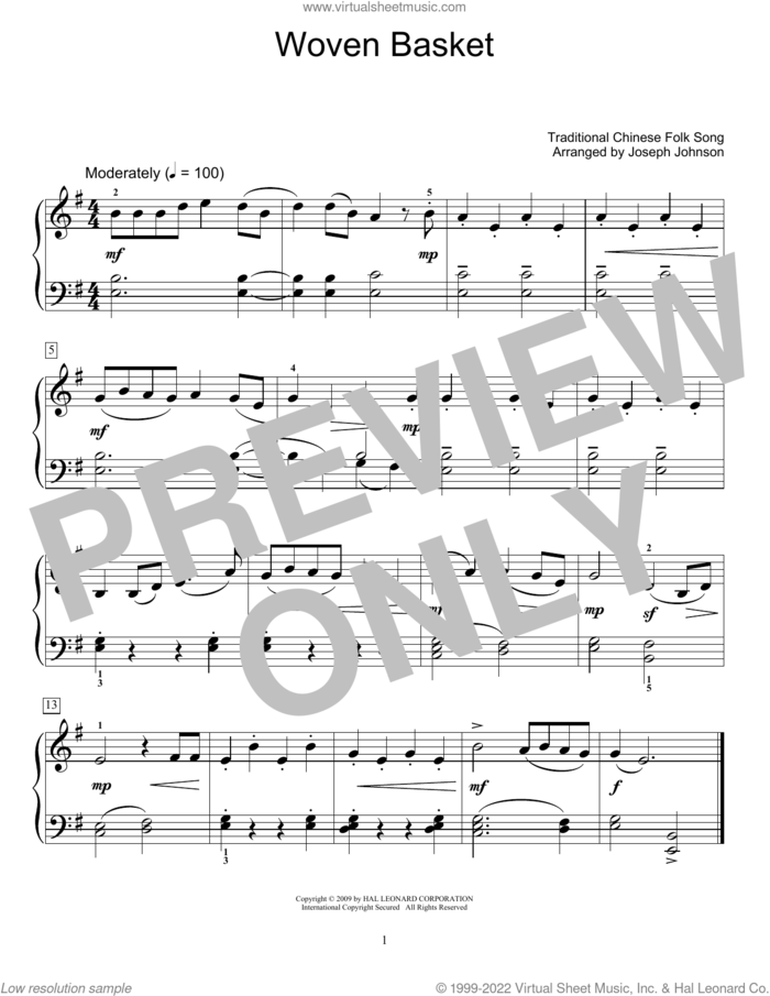 Woven Basket (arr. Joseph Johnson) sheet music for piano solo (elementary) by Traditional Chinese Folk Song and Joseph Johnson, beginner piano (elementary)