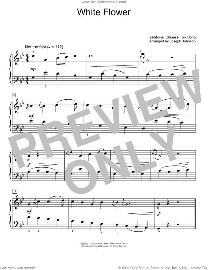 White Flower (arr. Joseph Johnson) sheet music for piano solo (elementary) by Traditional Chinese Folk Song and Joseph Johnson, beginner piano (elementary)