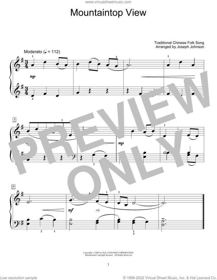 Mountaintop View (arr. Joseph Johnson) sheet music for piano solo (elementary) by Traditional Chinese Folk Song and Joseph Johnson, beginner piano (elementary)