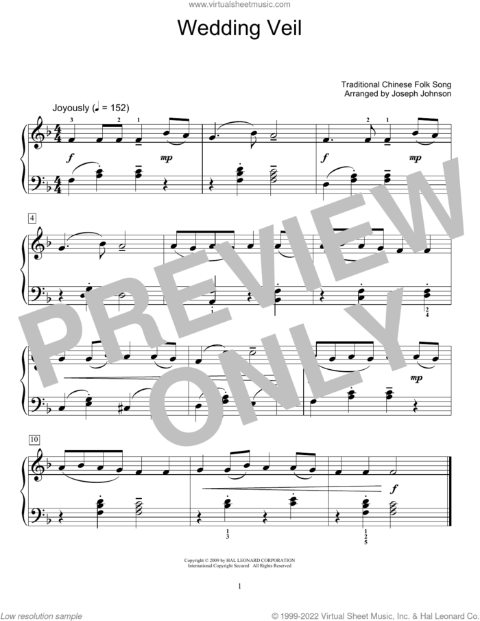 Wedding Veil (arr. Joseph Johnson) sheet music for piano solo (elementary) by Traditional Chinese Folk Song and Joseph Johnson, beginner piano (elementary)
