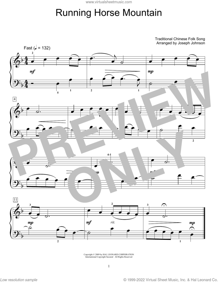 Running Horse Mountain (arr. Joseph Johnson) sheet music for piano solo (elementary) by Traditional Chinese Folk Song and Joseph Johnson, beginner piano (elementary)