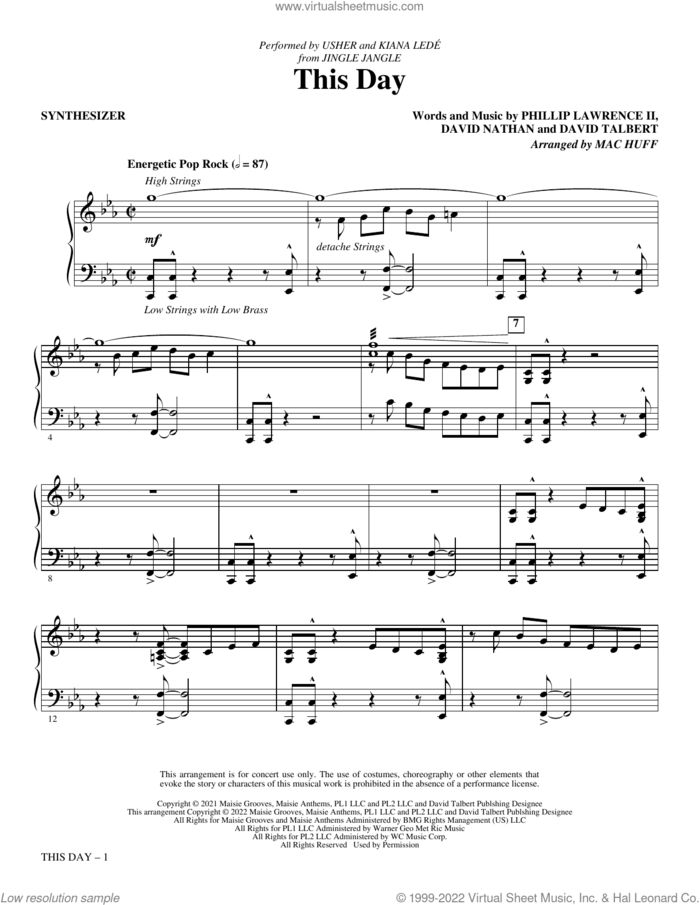 This Day (from Jingle Jangle) (arr. Mac Huff) (complete set of parts) sheet music for orchestra/band by Mac Huff, David Nathan, David Talbert, Philip Lawrence and Usher and Kiana Lede, intermediate skill level