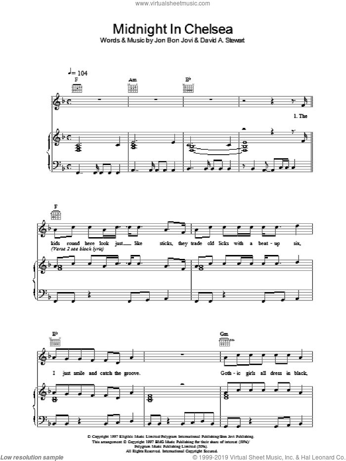 Midnight In Chelsea sheet music for voice, piano or guitar by Bon Jovi, intermediate skill level