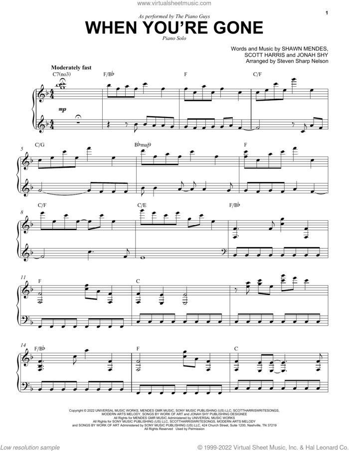 When You're Gone sheet music for piano solo by The Piano Guys, Jonah Shy, Scott Harris and Shawn Mendes, intermediate skill level