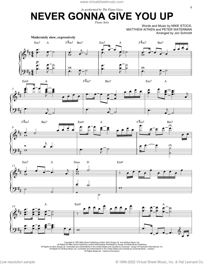Never Gonna Give You Up sheet music for piano solo by The Piano Guys, Rick Astley, Matthew Aitken, Mike Stock and Pete Waterman, intermediate skill level