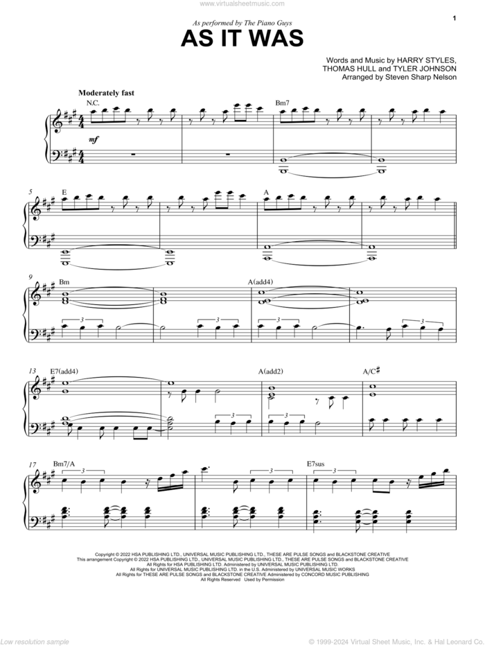 As It Was sheet music for piano solo by The Piano Guys, Harry Styles, Tom Hull and Tyler Johnson, intermediate skill level