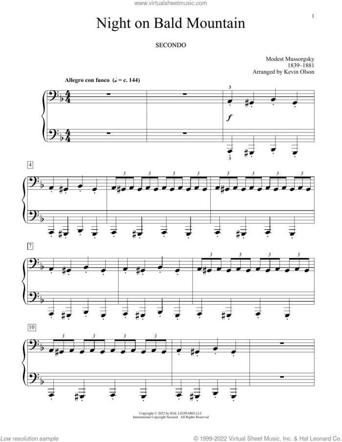 Night On Bald Mountain (arr. Kevin Olson) sheet music for piano four hands by Modest Petrovic Mussorgsky and Kevin Olson, classical score, intermediate skill level