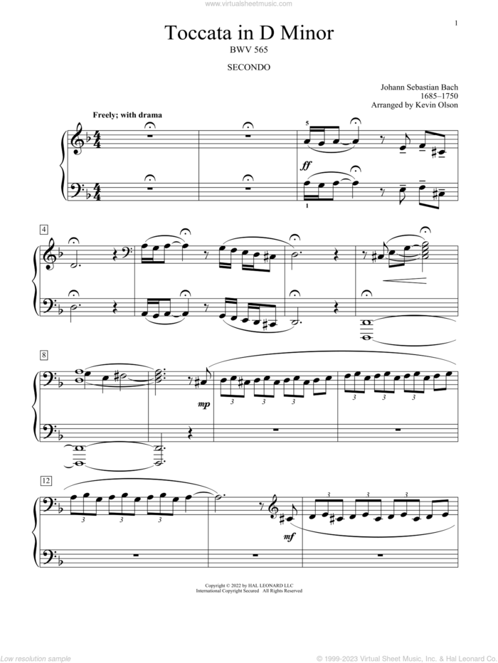 Toccata And Fugue In D Minor, BWV 565 (arr. Kevin Olson) sheet music for piano four hands by Johann Sebastian Bach and Kevin Olson, classical score, intermediate skill level