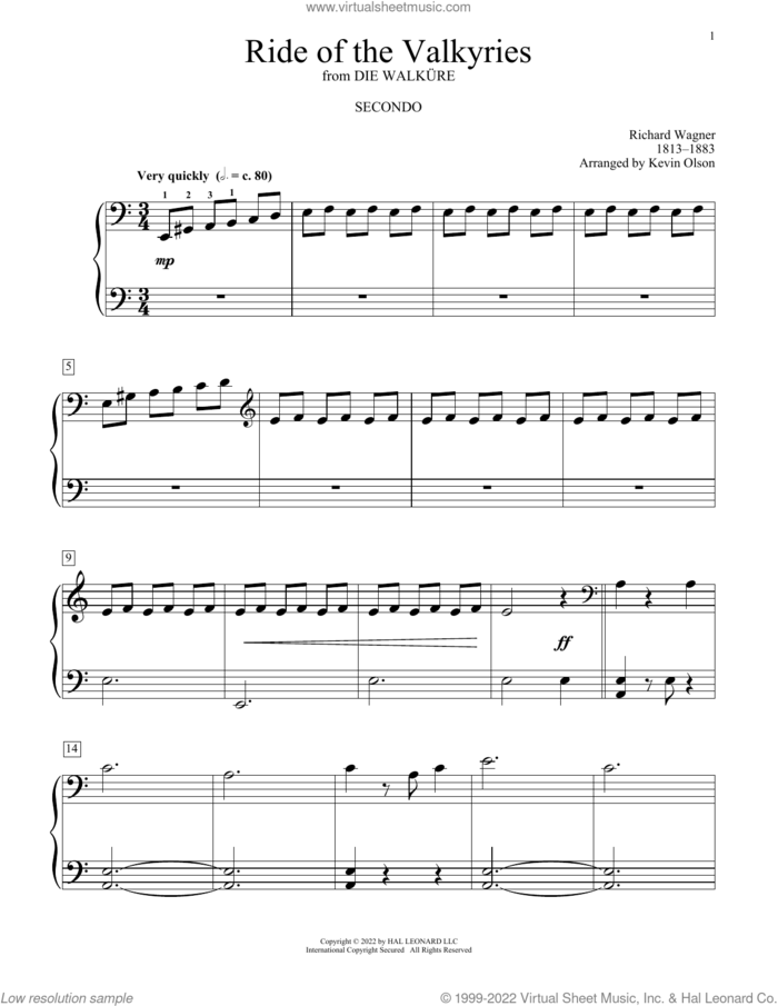 Ride Of The Valkyries (arr. Kevin Olson) sheet music for piano four hands by Richard Wagner and Kevin Olson, classical score, intermediate skill level
