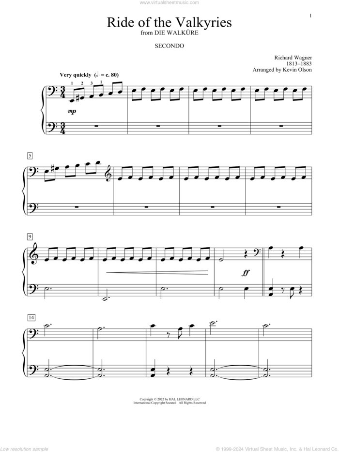 Ride Of The Valkyries (arr. Kevin Olson) sheet music for piano four hands by Richard Wagner and Kevin Olson, classical score, intermediate skill level