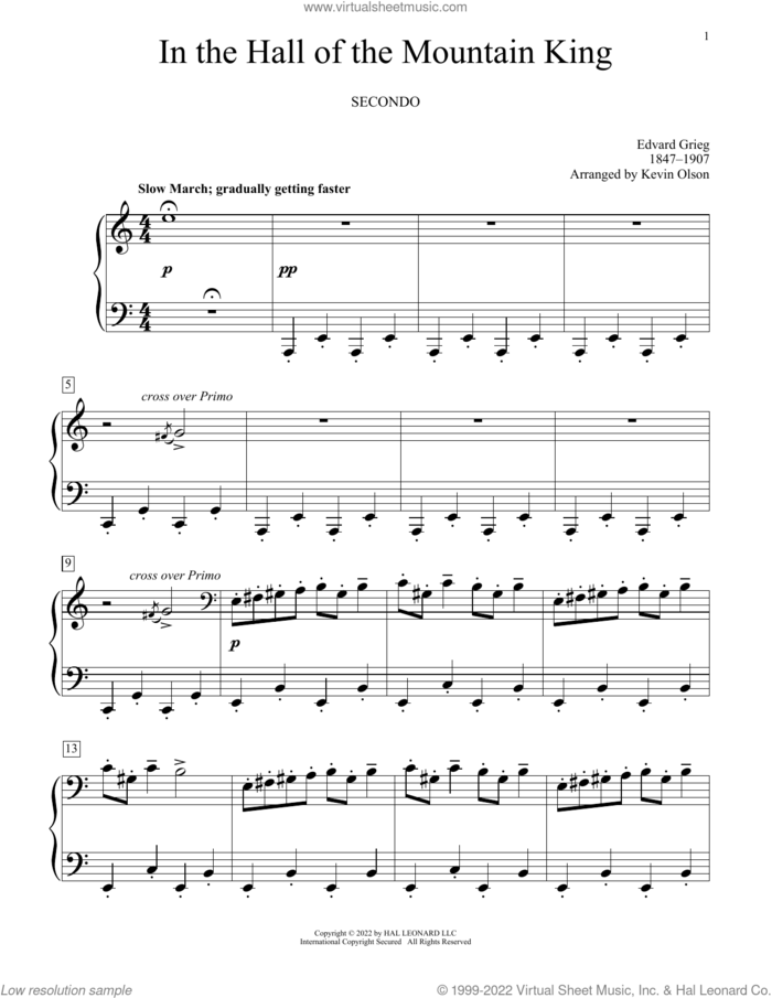 In The Hall Of The Mountain King (arr. Kevin Olson) sheet music for piano four hands by Edvard Grieg and Kevin Olson, classical score, intermediate skill level