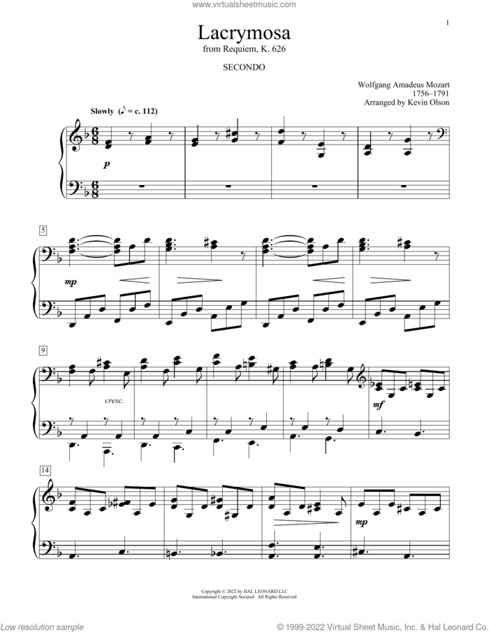 Lacrymosa (arr. Kevin Olson) sheet music for piano four hands by Wolfgang Amadeus Mozart and Kevin Olson, classical score, intermediate skill level