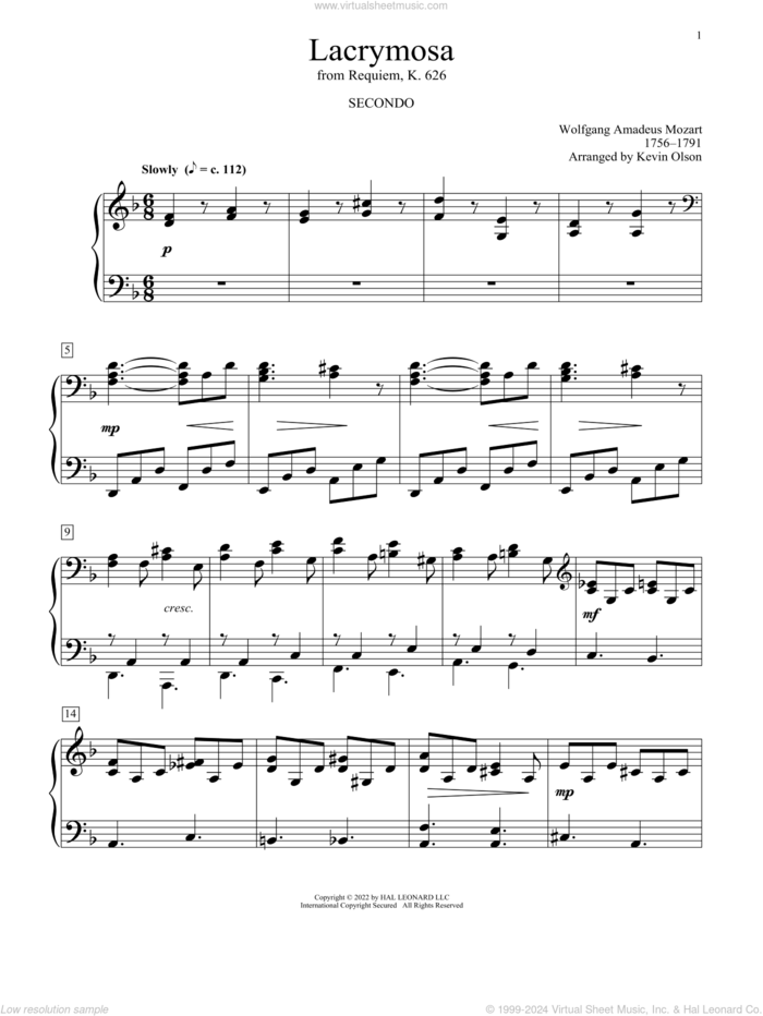 Lacrymosa (arr. Kevin Olson) sheet music for piano four hands by Wolfgang Amadeus Mozart and Kevin Olson, classical score, intermediate skill level