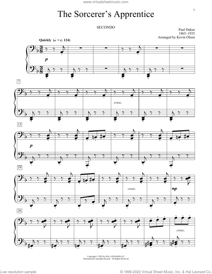 The Sorcerer's Apprentice (arr. Kevin Olson) sheet music for piano four hands by Paul Dukas and Kevin Olson, classical score, intermediate skill level