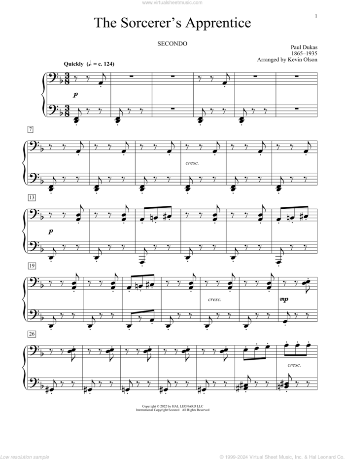 The Sorcerer's Apprentice (arr. Kevin Olson) sheet music for piano four hands by Paul Dukas and Kevin Olson, classical score, intermediate skill level