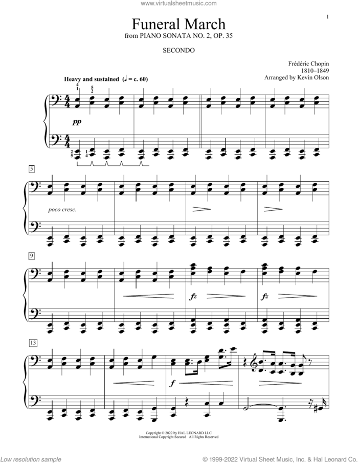 Funeral March (Marche Funebre), Op. 35 (arr. Kevin Olson) sheet music for piano four hands by Frederic Chopin and Kevin Olson, classical score, intermediate skill level
