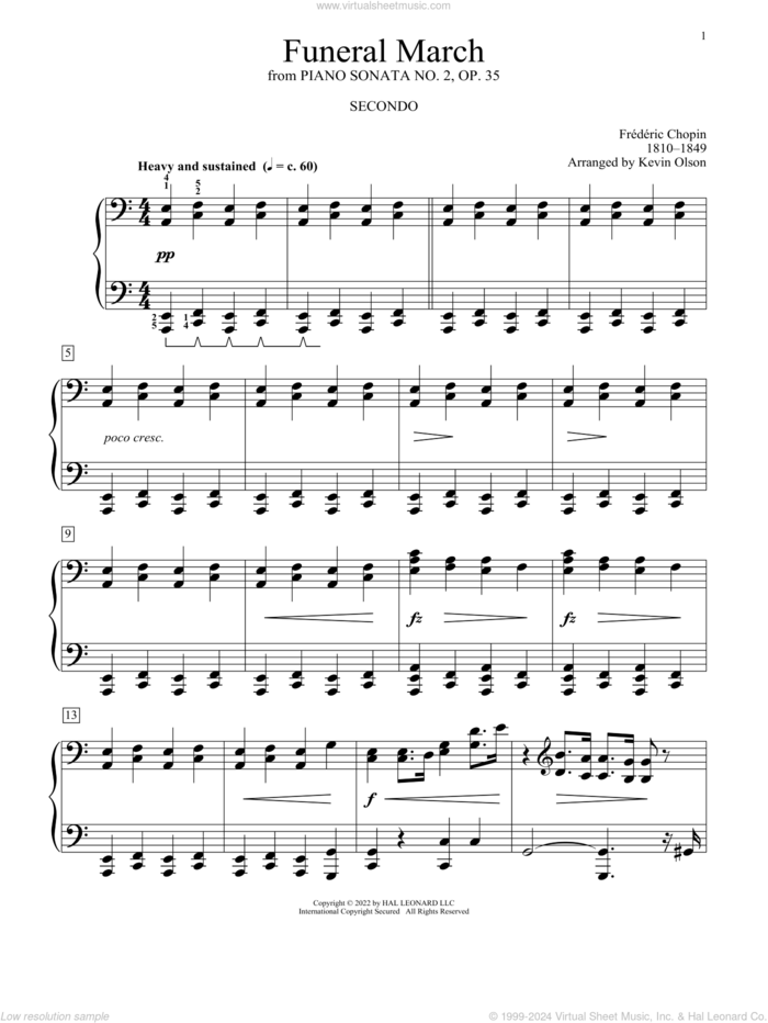 Funeral March (Marche Funebre), Op. 35 (arr. Kevin Olson) sheet music for piano four hands by Frederic Chopin and Kevin Olson, classical score, intermediate skill level