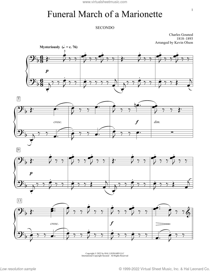 Funeral March Of A Marionette (arr. Kevin Olson) sheet music for piano four hands by Charles Gounod and Kevin Olson, classical score, intermediate skill level