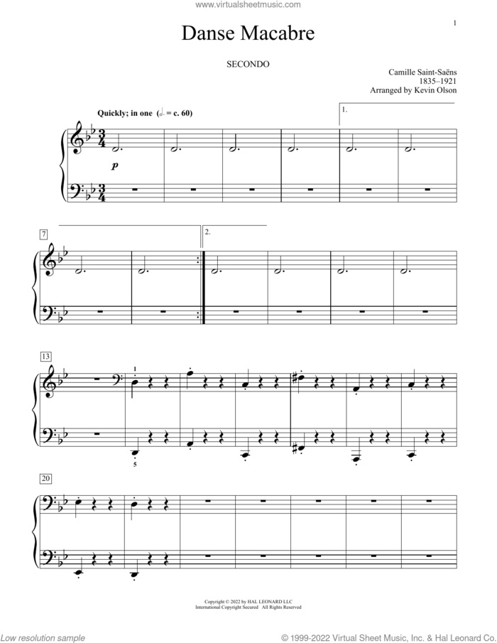 Danse Macabre (arr. Kevin Olson) sheet music for piano four hands by Camille Saint-Saens and Kevin Olson, classical score, intermediate skill level