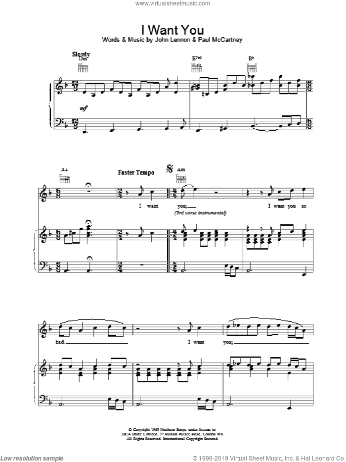 I Want You sheet music for voice, piano or guitar by The Beatles, intermediate skill level