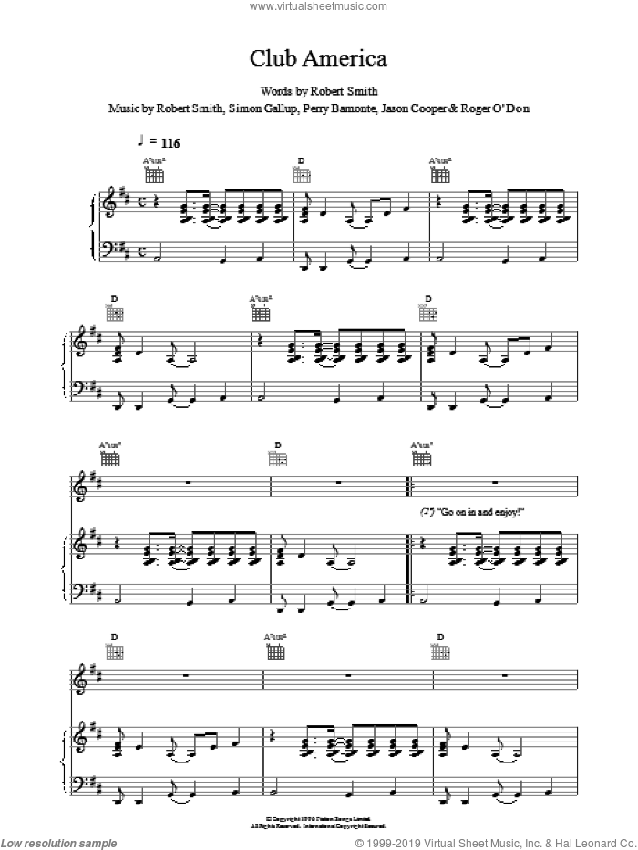 Club America sheet music for voice, piano or guitar by The Cure, intermediate skill level