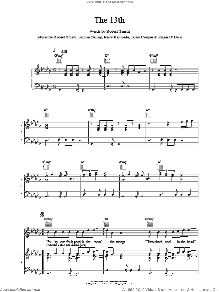 The 13th sheet music for voice, piano or guitar by The Cure, intermediate skill level