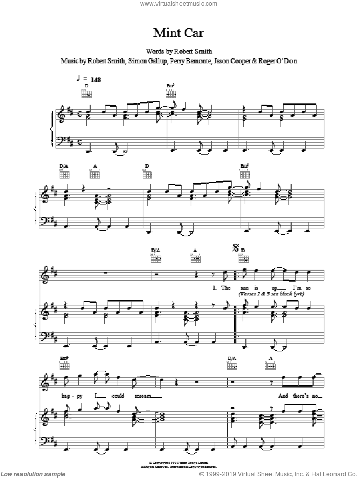 Mint Car sheet music for voice, piano or guitar by The Cure, intermediate skill level