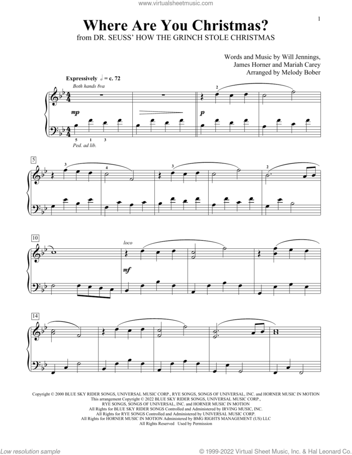 Where Are You Christmas? (from How The Grinch Stole Christmas) (arr. Melody Bober) sheet music for piano solo (elementary) by Faith Hill, Melody Bober, James Horner, Mariah Carey and Will Jennings, beginner piano (elementary)
