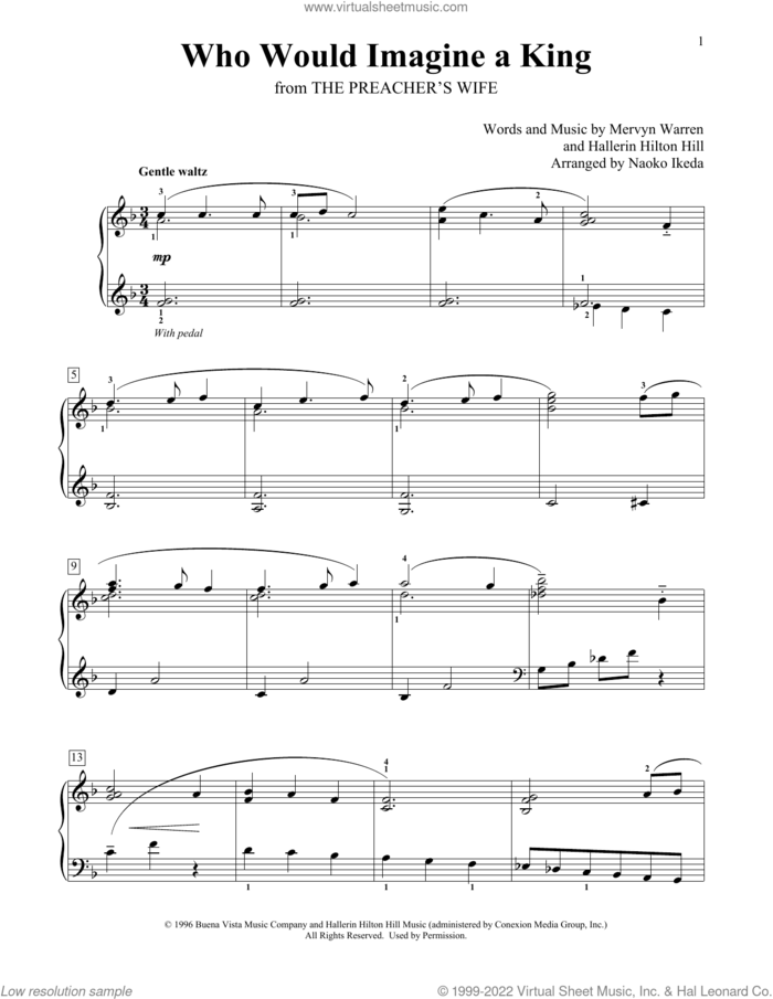 Who Would Imagine A King (arr. Naoko Ikeda) sheet music for piano solo (elementary) by Whitney Houston, Naoko Ikeda, Hallerin Hilton Hill and Mervyn Warren, beginner piano (elementary)