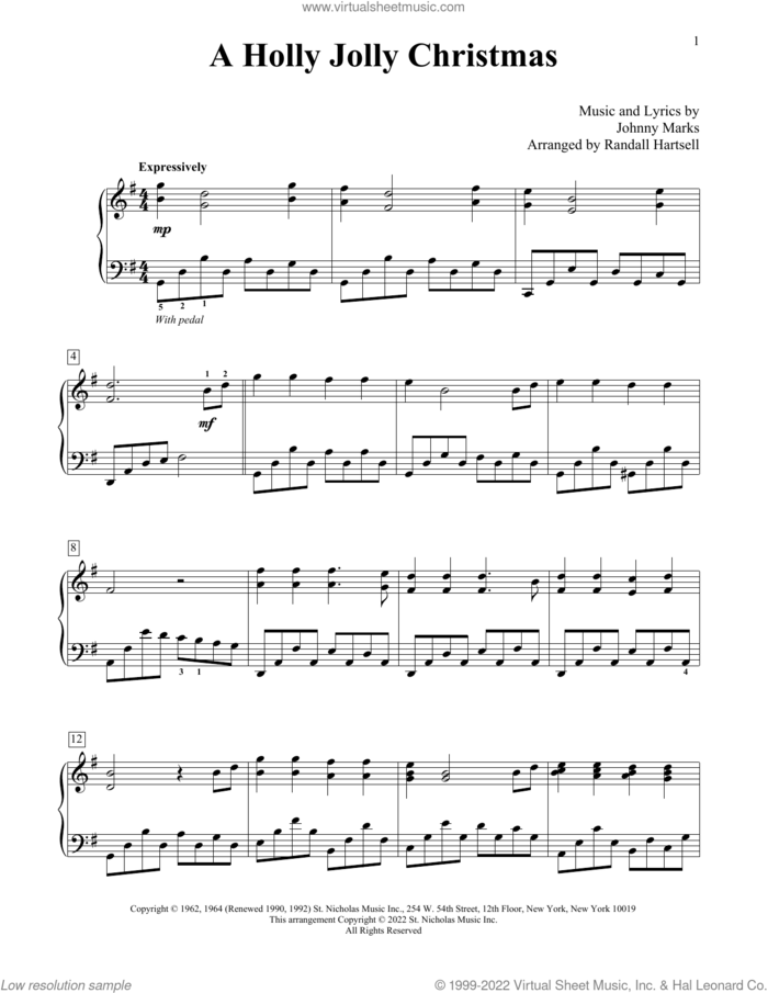 A Holly Jolly Christmas (arr. Randall Hartsell) sheet music for piano solo (elementary) by Johnny Marks and Randall Hartsell, beginner piano (elementary)
