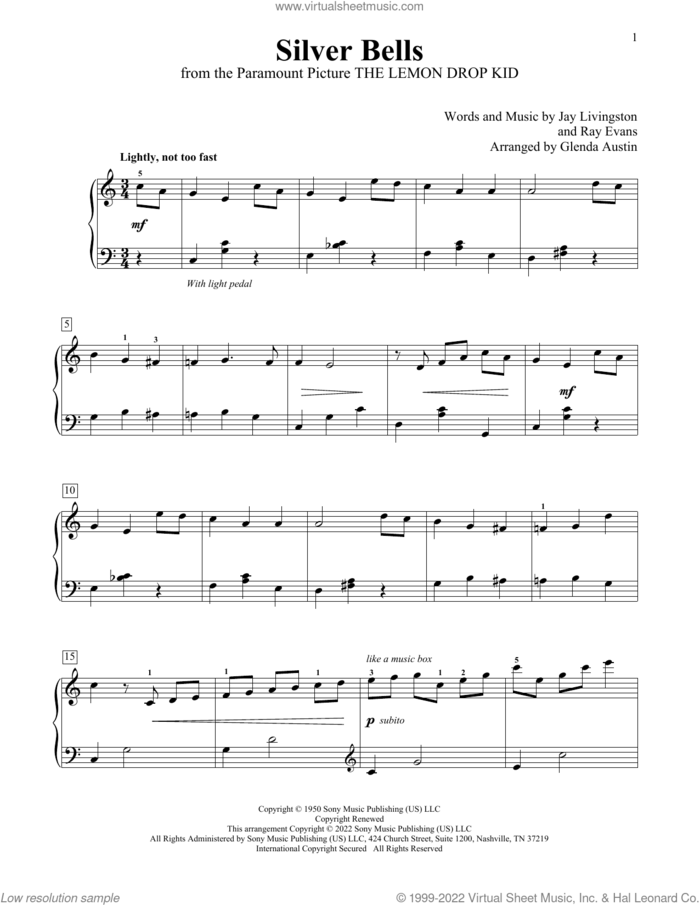Silver Bells (arr. Glenda Austin) sheet music for piano solo (elementary) by Jay Livingston & Ray Evans, Glenda Austin, Jay Livingston and Ray Evans, beginner piano (elementary)