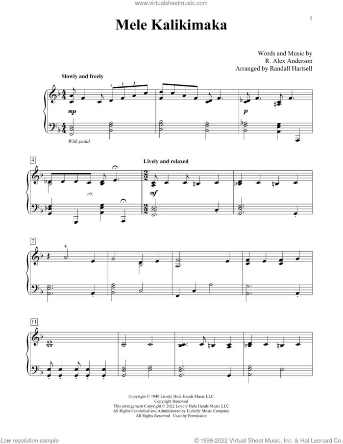 Mele Kalikimaka (arr. Randall Hartsell) sheet music for piano solo (elementary) by Bing Crosby, Randall Hartsell and R. Alex Anderson, beginner piano (elementary)